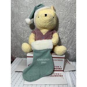 Winnie the Pooh Disney Store Christmas Plush 1999 W/ Stocking Pastel Vintage